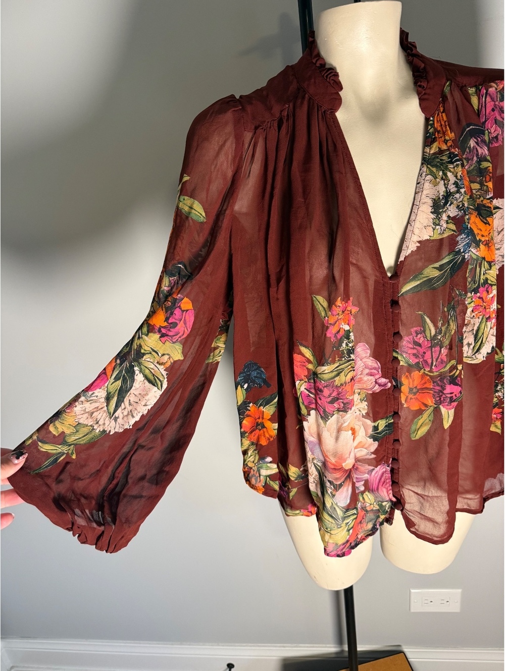 Anthropologie Floral Sheer Long Sleeve Blouse Large